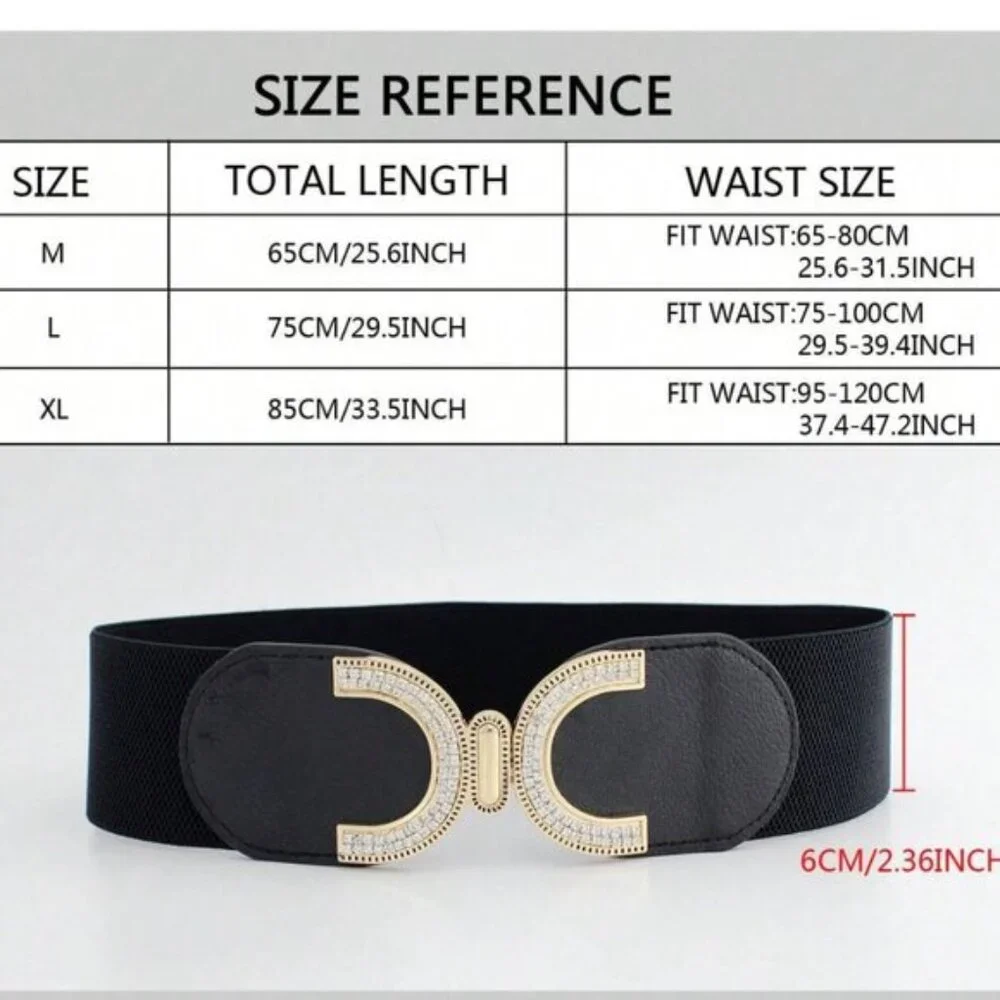 Rhinestone Buckle With Elastic Waist Belt Black